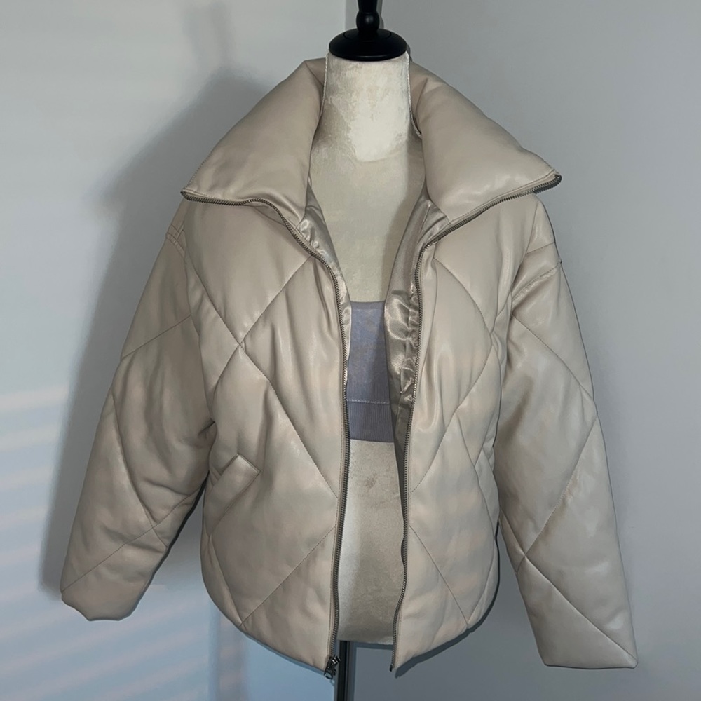 Beige vegan leather puffer jacket